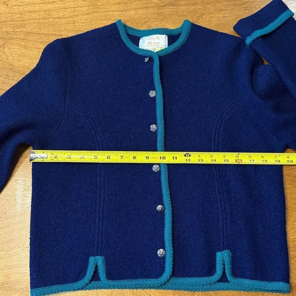 Vintage Tally-Ho 100% Wool Cardigan Sweater in navy blue with green trim